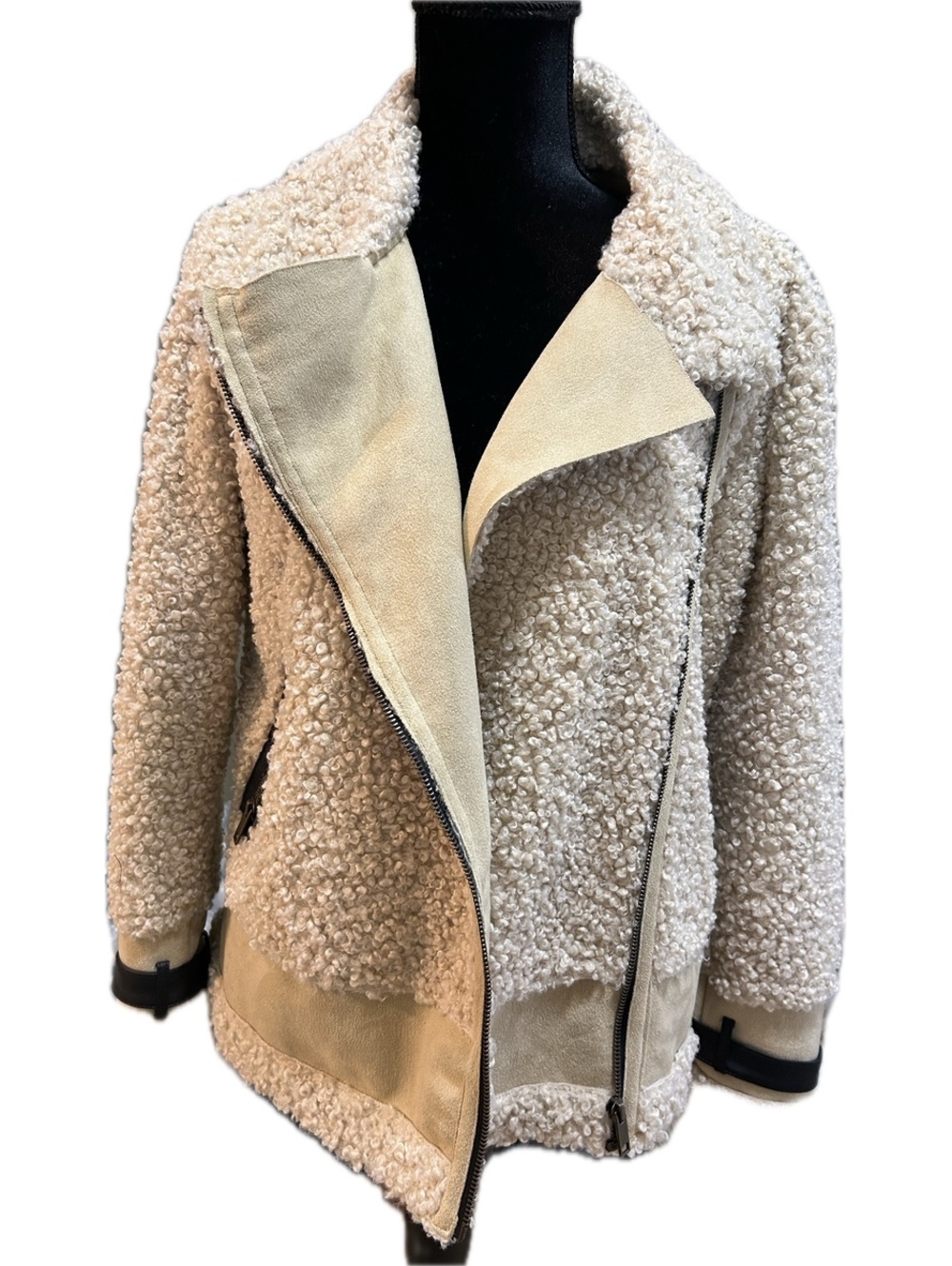 GB Girls Faux Shearling Moto Jacket Cream Sherpa Zip Women’s Medium M